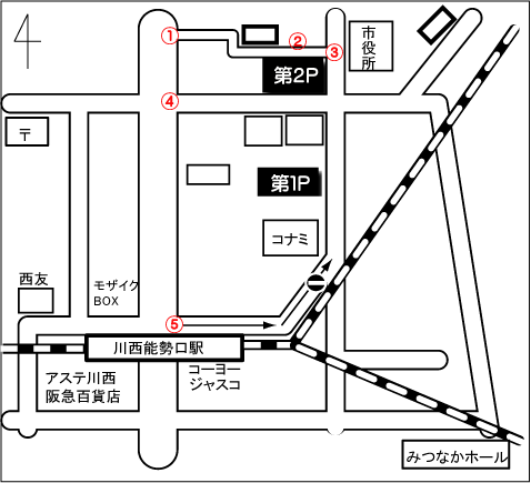 川西駐車場アクセスマップ - 阪急川西能勢口駅東口徒歩1分の地図